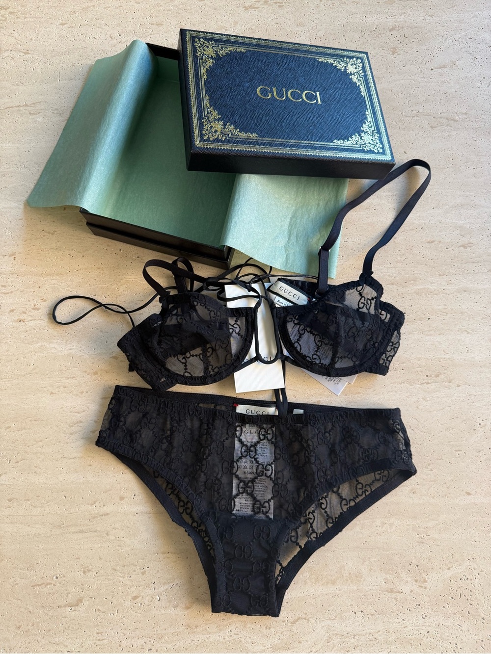 NWT Gucci Embroidered GG Logo Black Tulle Lingerie Set Sz/ S - Picture 14 of 16